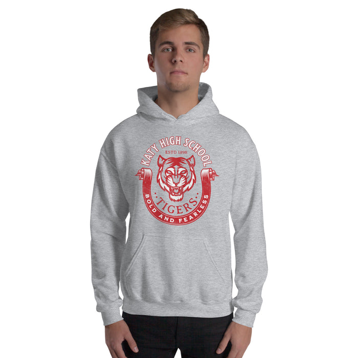 Man wearing a Katy High School Tigers Sport Grey Classic Unisex Hoodie 213