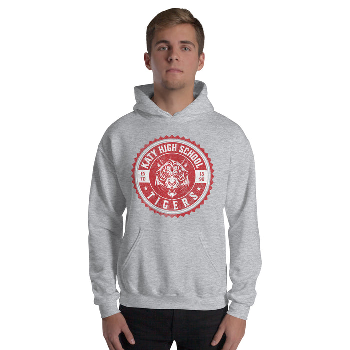 Man wearing a Katy High School Tigers Sport Grey Classic Unisex Hoodie 217