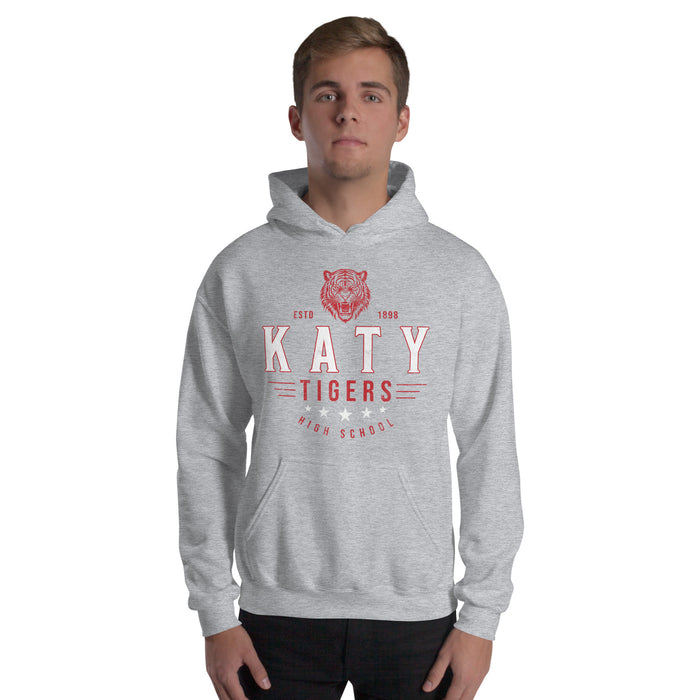 Man wearing a Katy High School Tigers Sport Grey Classic Unisex Hoodie 218