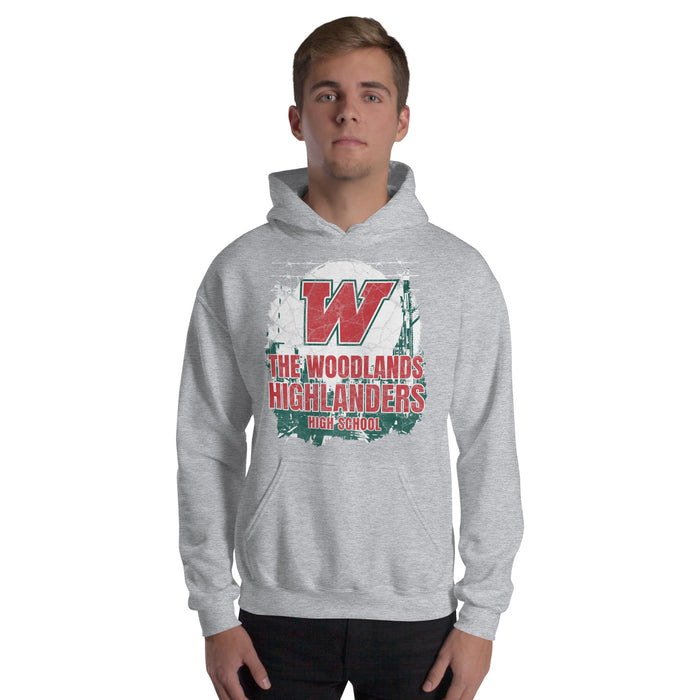 Man wearing The Woodlands High School Highlanders Sport Grey Classic Unisex Hoodie 201