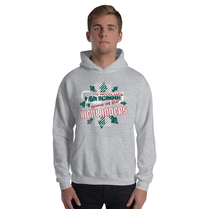 Man wearing The Woodlands High School Highlanders Sport Grey Classic Unisex Hoodie 205