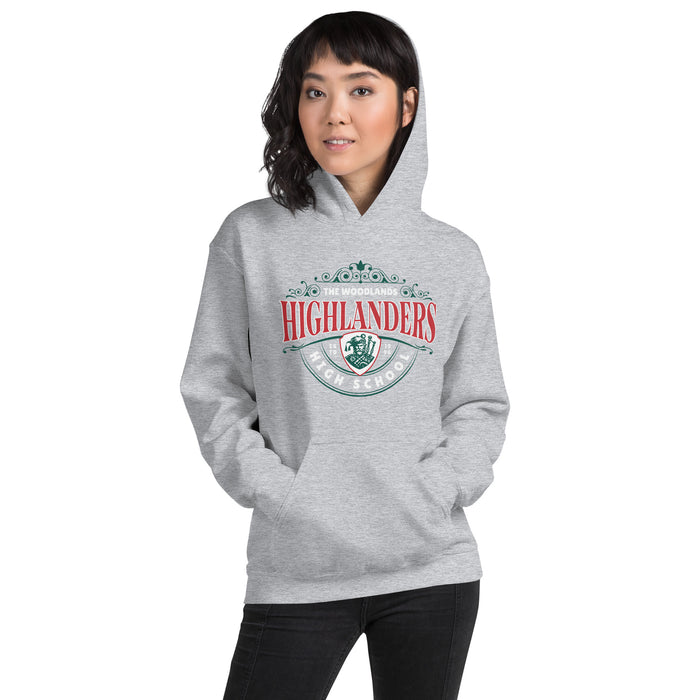 Woman wearing The Woodlands High School Highlanders Sport Grey Classic Unisex Hoodie 211