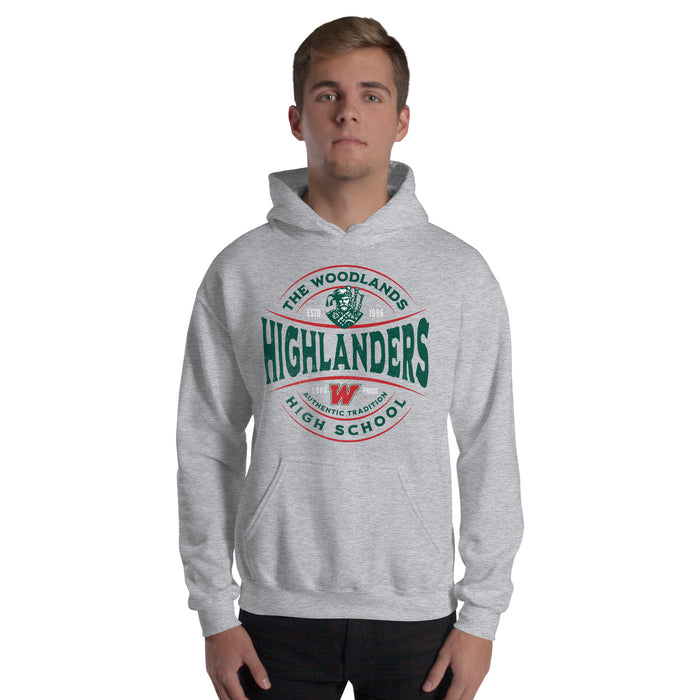 Man wearing The Woodlands High School Highlanders Sport Grey Classic Unisex Hoodie 217