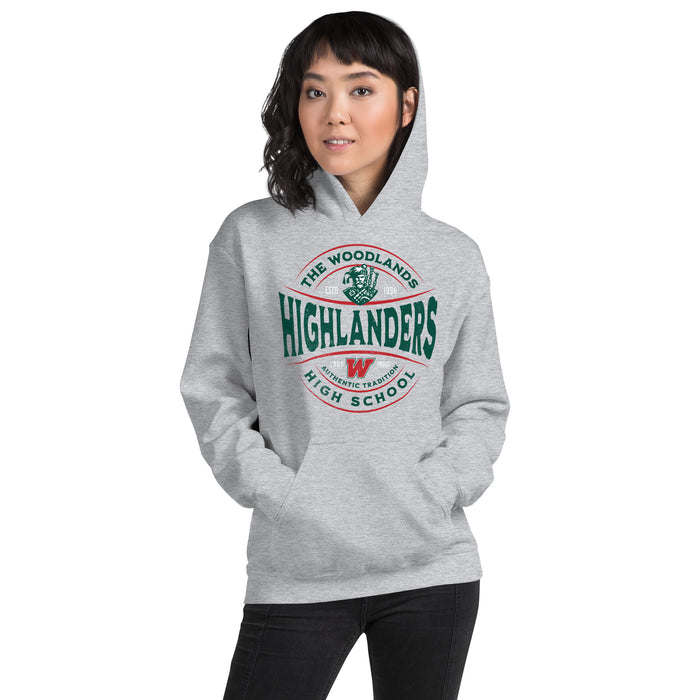 Woman wearing The Woodlands High School Highlanders Sport Grey Classic Unisex Hoodie 217