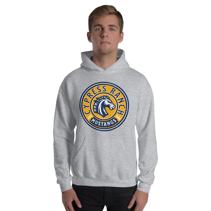 Man wearing Cypress Ranch High School Mustangs Sport Grey Classic Unisex Hoodie 202