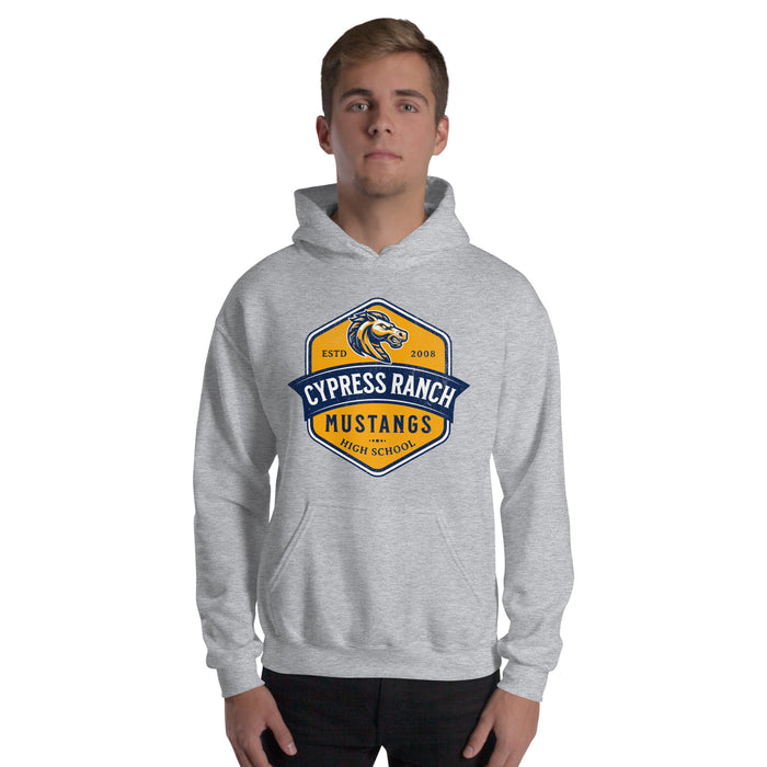 Man wearing Cypress Ranch High School Mustangs Sport Grey Classic Unisex Hoodie 210