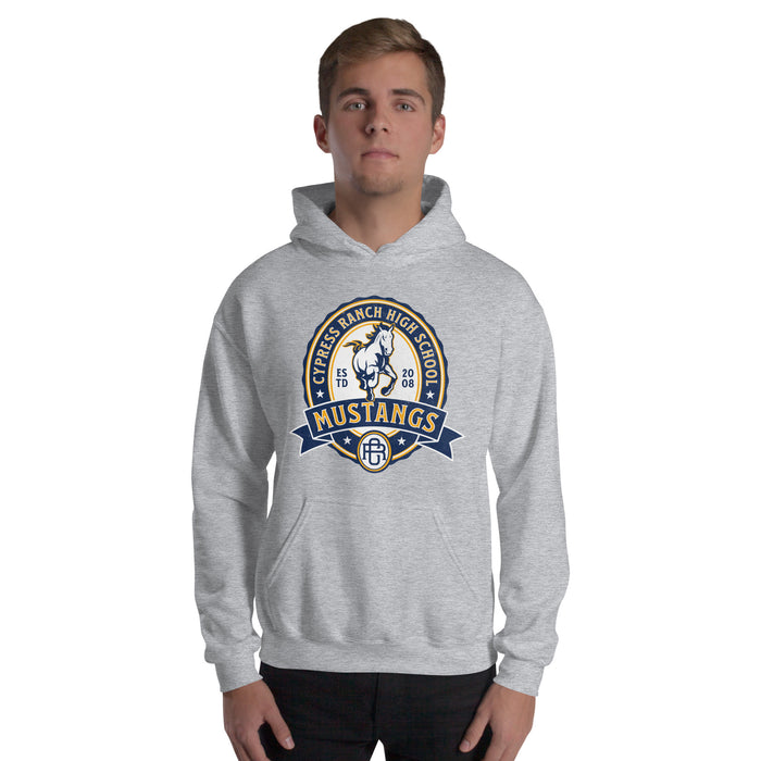 Man wearing Cypress Ranch High School Mustangs Sport Grey Classic Unisex Hoodie 213