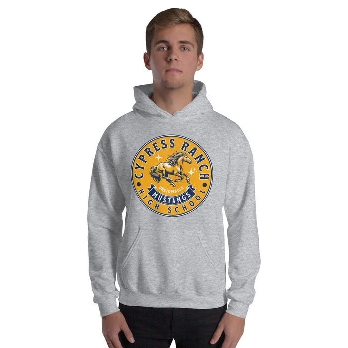 Man wearing Cypress Ranch High School Mustangs Sport Grey Classic Unisex Hoodie 216