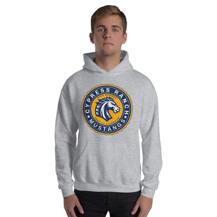 Man wearing Cypress Ranch High School Mustangs Sport Grey Classic Unisex Hoodie 218