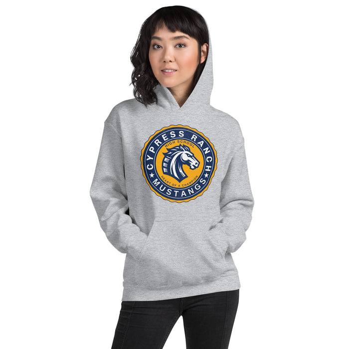 Woman wearing Cypress Ranch High School Mustangs Sport Grey Classic Unisex Hoodie 218