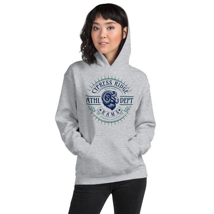 Woman wearing Cypress Ridge High School Rams Sport Grey Classic Unisex Hoodie 201