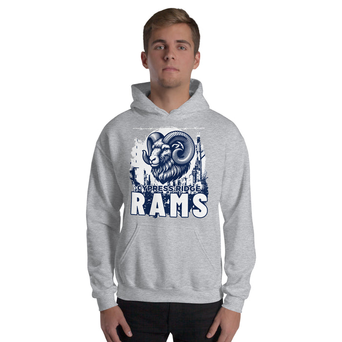 Man wearing Cypress Ridge High School Rams Sport Grey Classic Unisex Hoodie 202