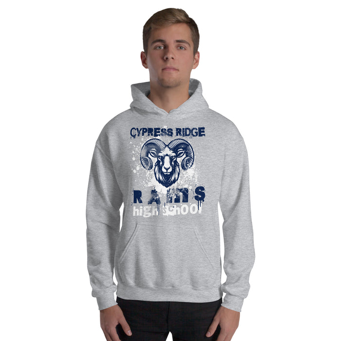 Man wearing Cypress Ridge High School Rams Sport Grey Classic Unisex Hoodie 205