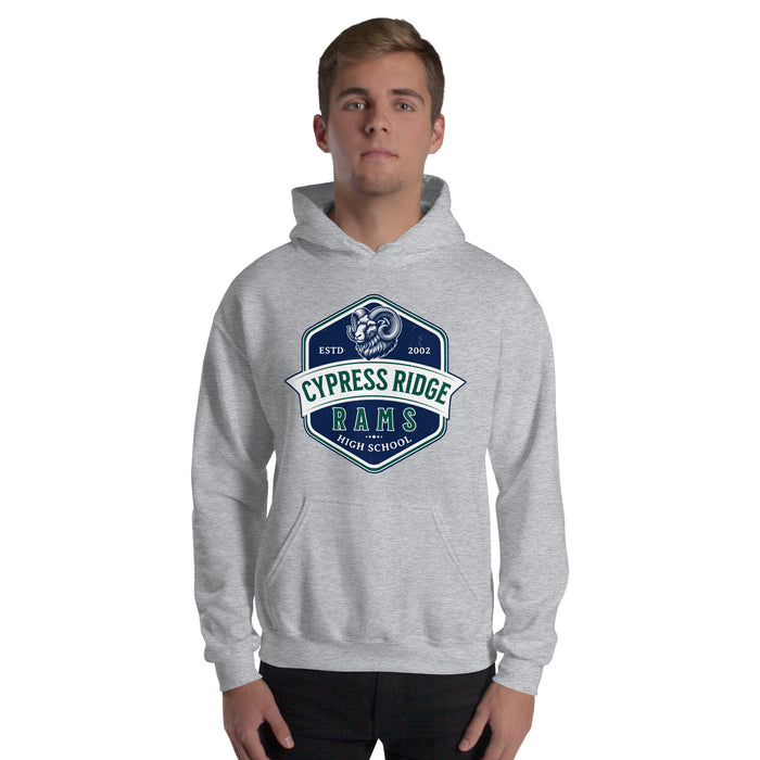 Man wearing Cypress Ridge High School Rams Sport Grey Classic Unisex Hoodie 209