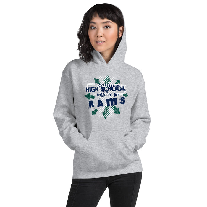 Woman wearing Cypress Ridge High School Rams Sport Grey Classic Unisex Hoodie 210