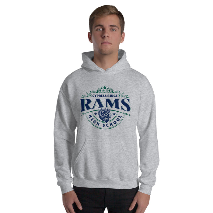 Man wearing Cypress Ridge High School Rams Sport Grey Classic Unisex Hoodie 211