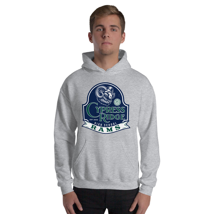 Man wearing Cypress Ridge High School Rams Sport Grey Classic Unisex Hoodie 219