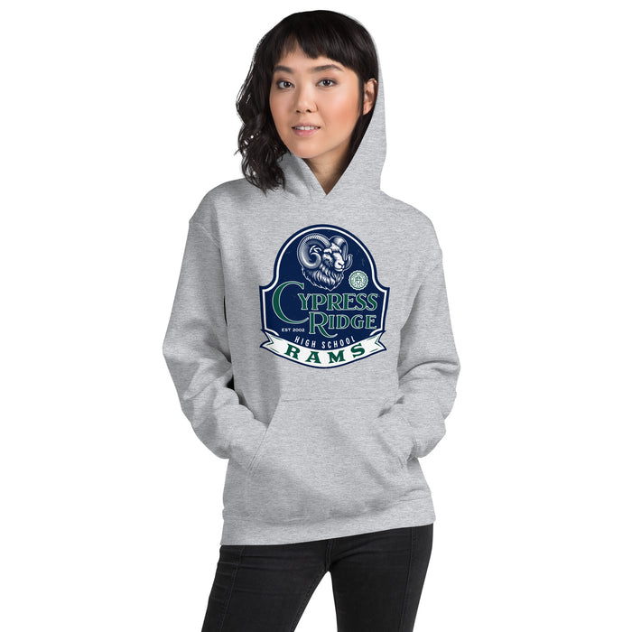 Woman wearing Cypress Ridge High School Rams Sport Grey Classic Unisex Hoodie 219