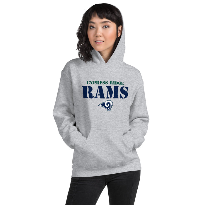 Woman wearing Cypress Ridge High School Rams Sport Grey Classic Unisex Hoodie 222