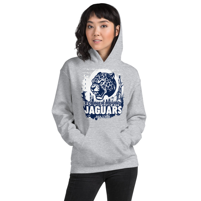 Woman wearing Flower Mound High School Jaguars Sport Grey Classic Unisex Hoodie 202