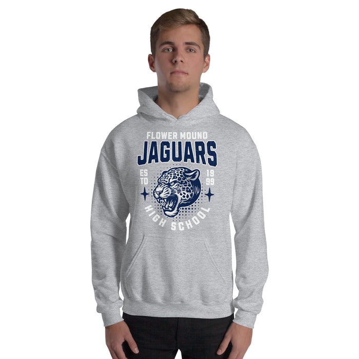 Man wearing Flower Mound High School Jaguars Sport Grey Classic Unisex Hoodie 204