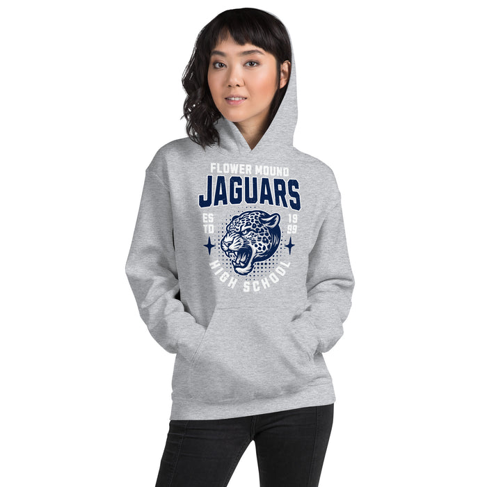 Woman wearing Flower Mound High School Jaguars Sport Grey Classic Unisex Hoodie 204