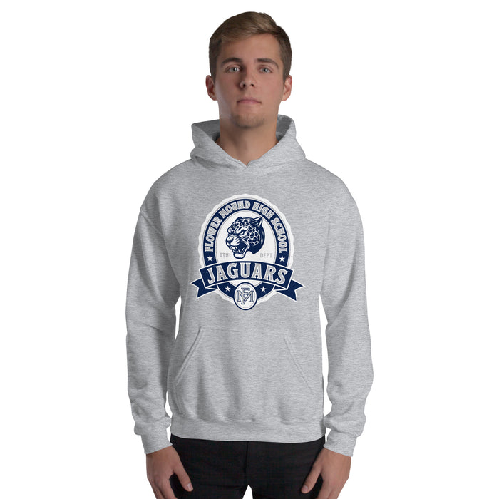 Man wearing Flower Mound High School Jaguars Sport Grey Classic Unisex Hoodie 212