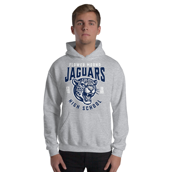 Man wearing Flower Mound High School Jaguars Sport Grey Classic Unisex Hoodie 213