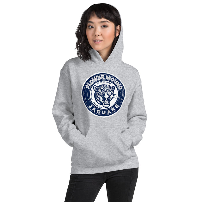 Woman wearing Flower Mound High School Jaguars Sport Grey Classic Unisex Hoodie 216