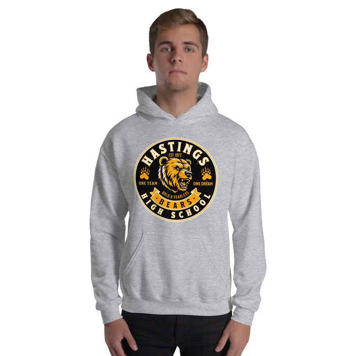 Man wearing Hastings High School Bears Sport Grey Classic Unisex Hoodie 215