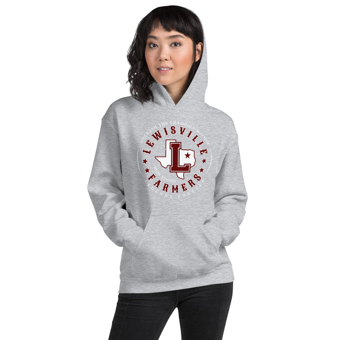 Woman wearing Lewisville High School Farmers Grey Classic Unisex Hoodie 214