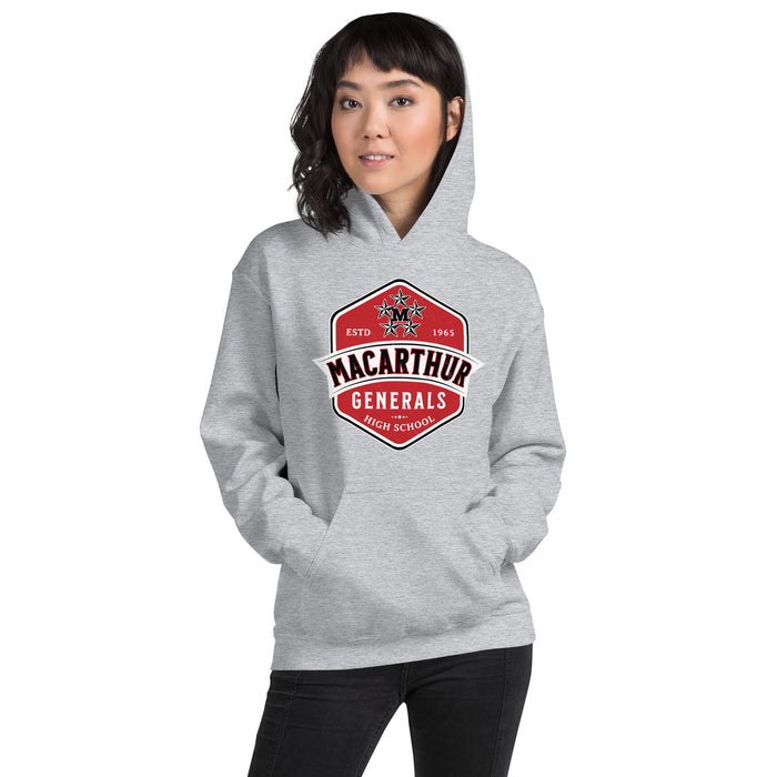 Woman wearing MacArthur High School Generals Grey Classic Unisex Hoodie 209