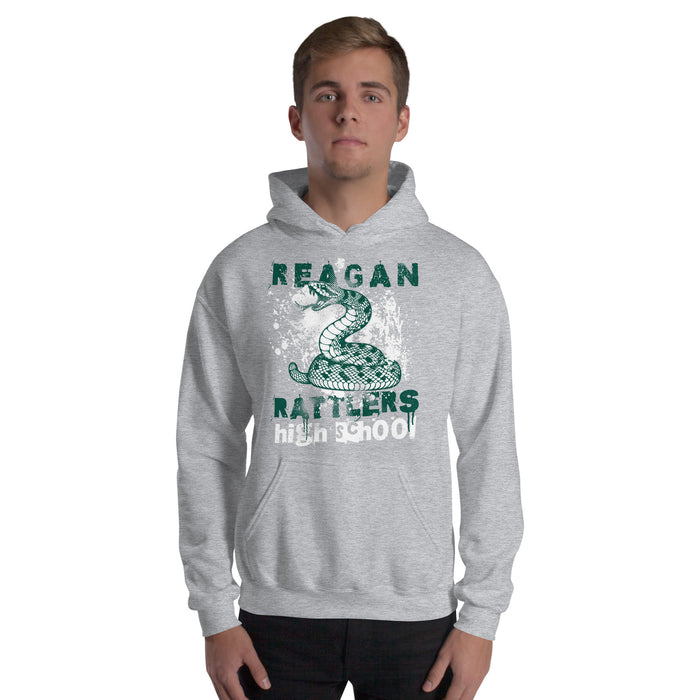 Man wearing Reagan High School Rattlers Grey Classic Unisex Hoodie 205