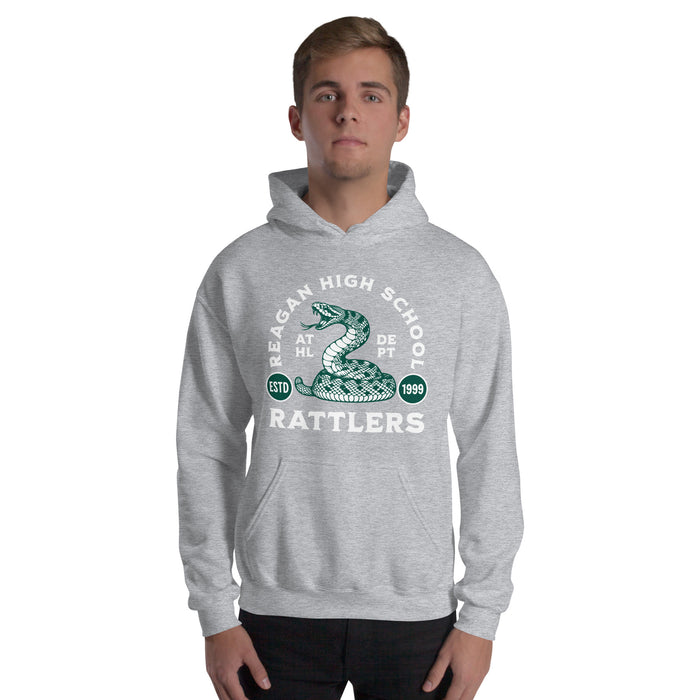 Man wearing Reagan High School Rattlers Grey Classic Unisex Hoodie 208