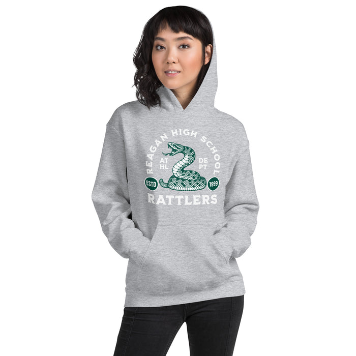 Woman wearing Reagan High School Rattlers Grey Classic Unisex Hoodie 208