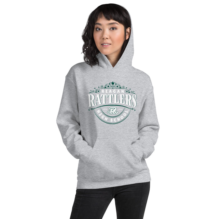 Woman wearing Reagan High School Rattlers Grey Classic Unisex Hoodie 211