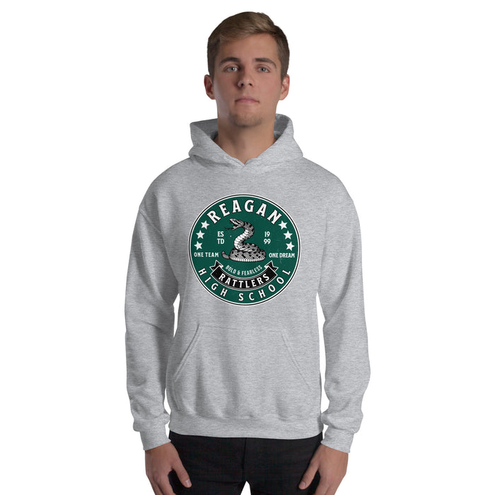 Man wearing Reagan High School Rattlers Grey Classic Unisex Hoodie 215