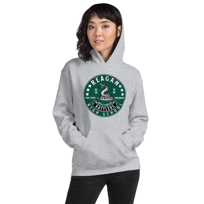 Woman wearing Reagan High School Rattlers Grey Classic Unisex Hoodie 215