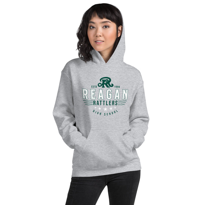 Woman wearing Reagan High School Rattlers Grey Classic Unisex Hoodie 217