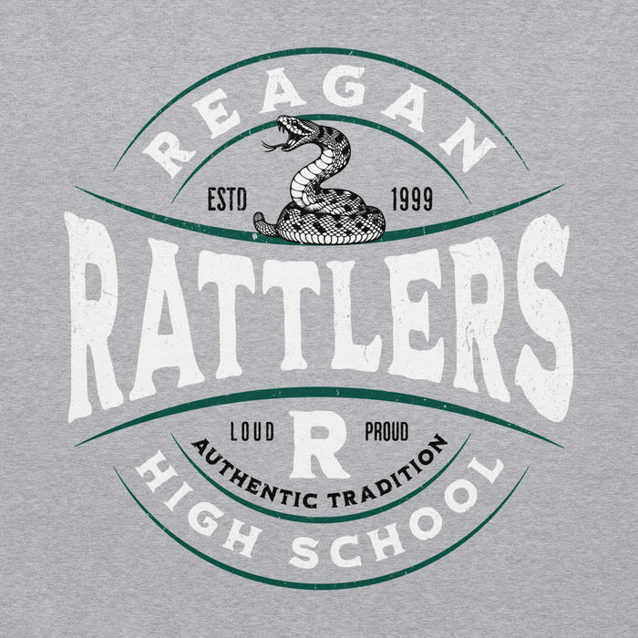 Close-up view of Reagan High School Rattlers Grey Classic Unisex Hoodie 218