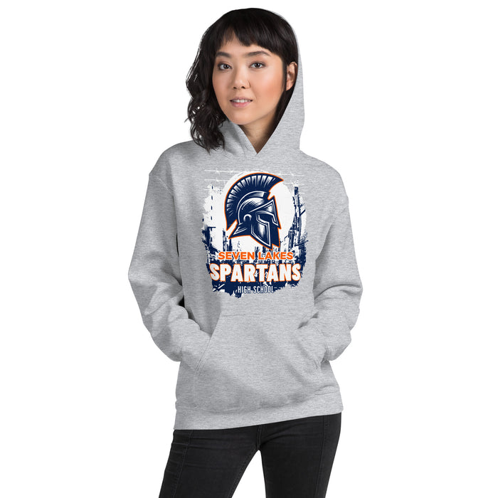 Woman wearing Seven Lakes High School Spartans Grey Classic Unisex Hoodie 202