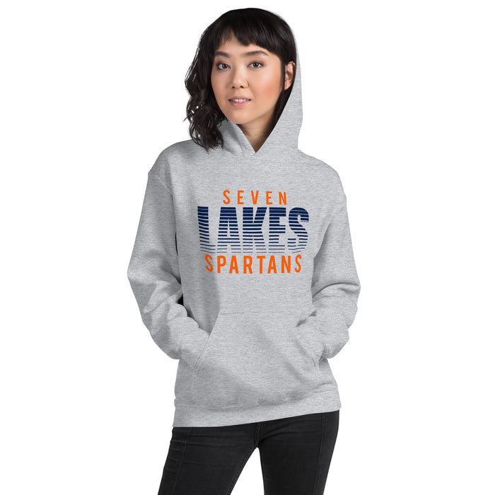 Woman wearing Seven Lakes High School Spartans Grey Classic Unisex Hoodie 024