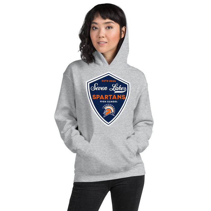 Woman wearing Seven Lakes High School Spartans Grey Classic Unisex Hoodie 225