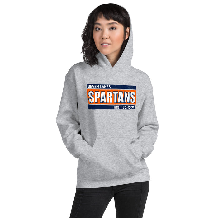 Woman wearing Seven Lakes High School Spartans Grey Classic Unisex Hoodie 098