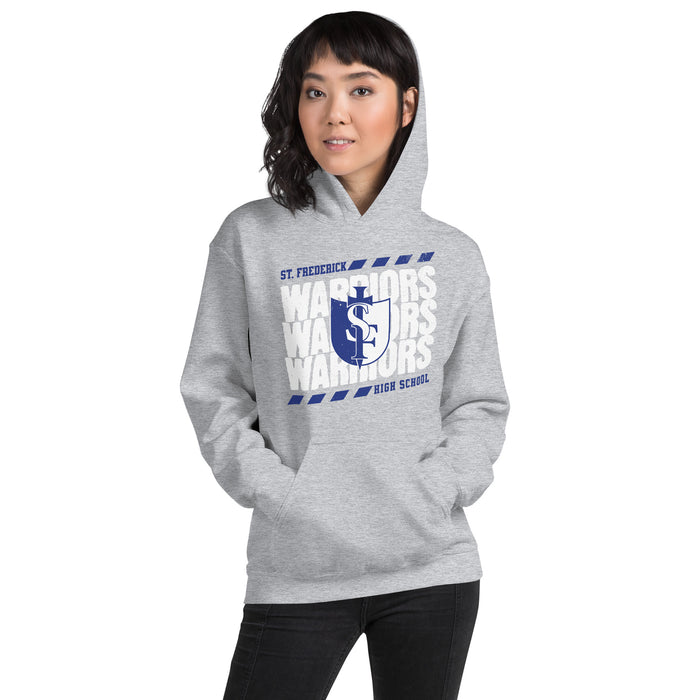 Woman wearing St. Frederick High School Warriors Grey Classic Unisex Hoodie 223