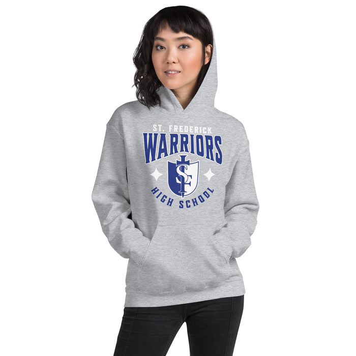 Woman wearing St. Frederick High School Warriors Grey Classic Unisex Hoodie 213