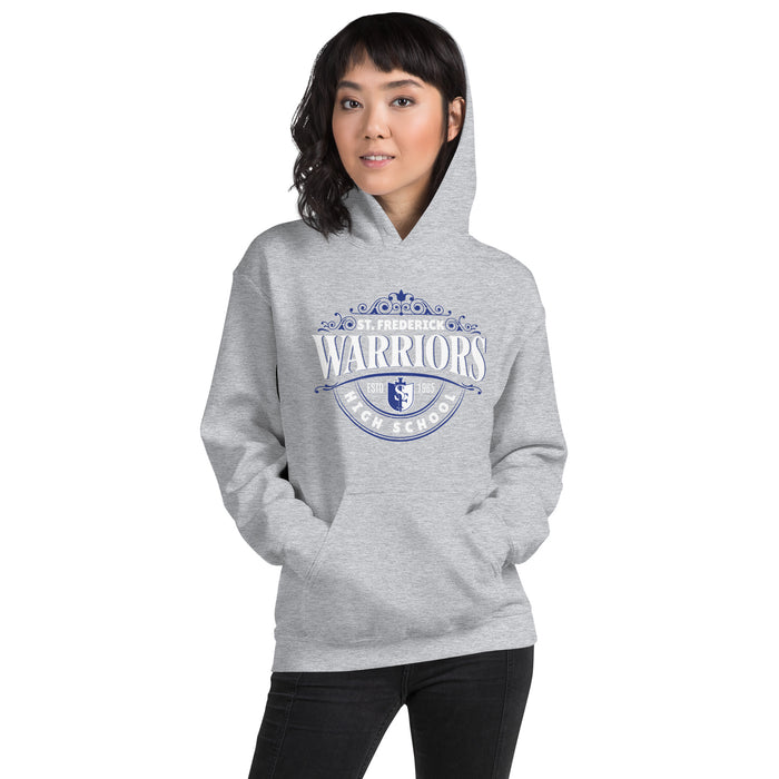 Woman wearing St. Frederick High School Warriors Grey Classic Unisex Hoodie 211