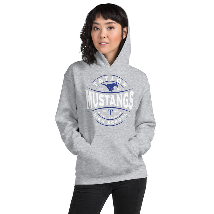 Woman wearing Taylor High School Mustangs Grey Classic Unisex Hoodie 218