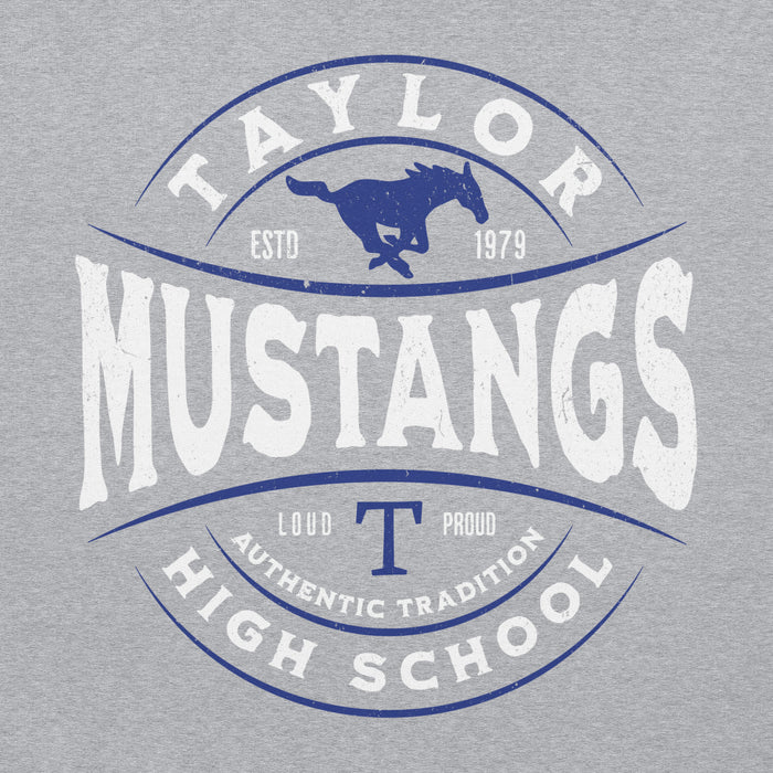 Close-up view of Taylor High School Mustangs Grey Classic Unisex Hoodie 218