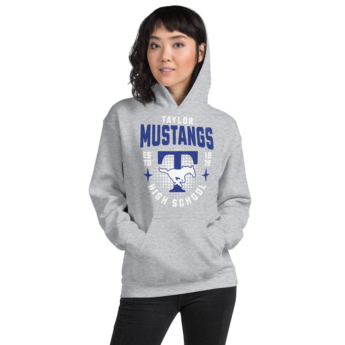 Woman wearing Taylor High School Mustangs Grey Classic Unisex Hoodie 204